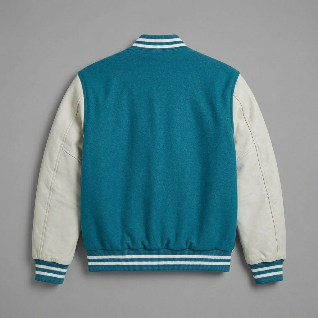 Men’s Teal Blue Wool Varsity Jacket – Cream Leather Sleeves Letterman