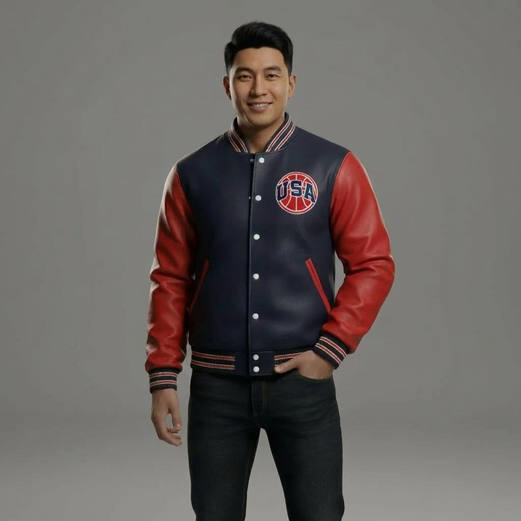 Men’s USA Basketball Leather Varsity Jacket – Navy & Red Bomber