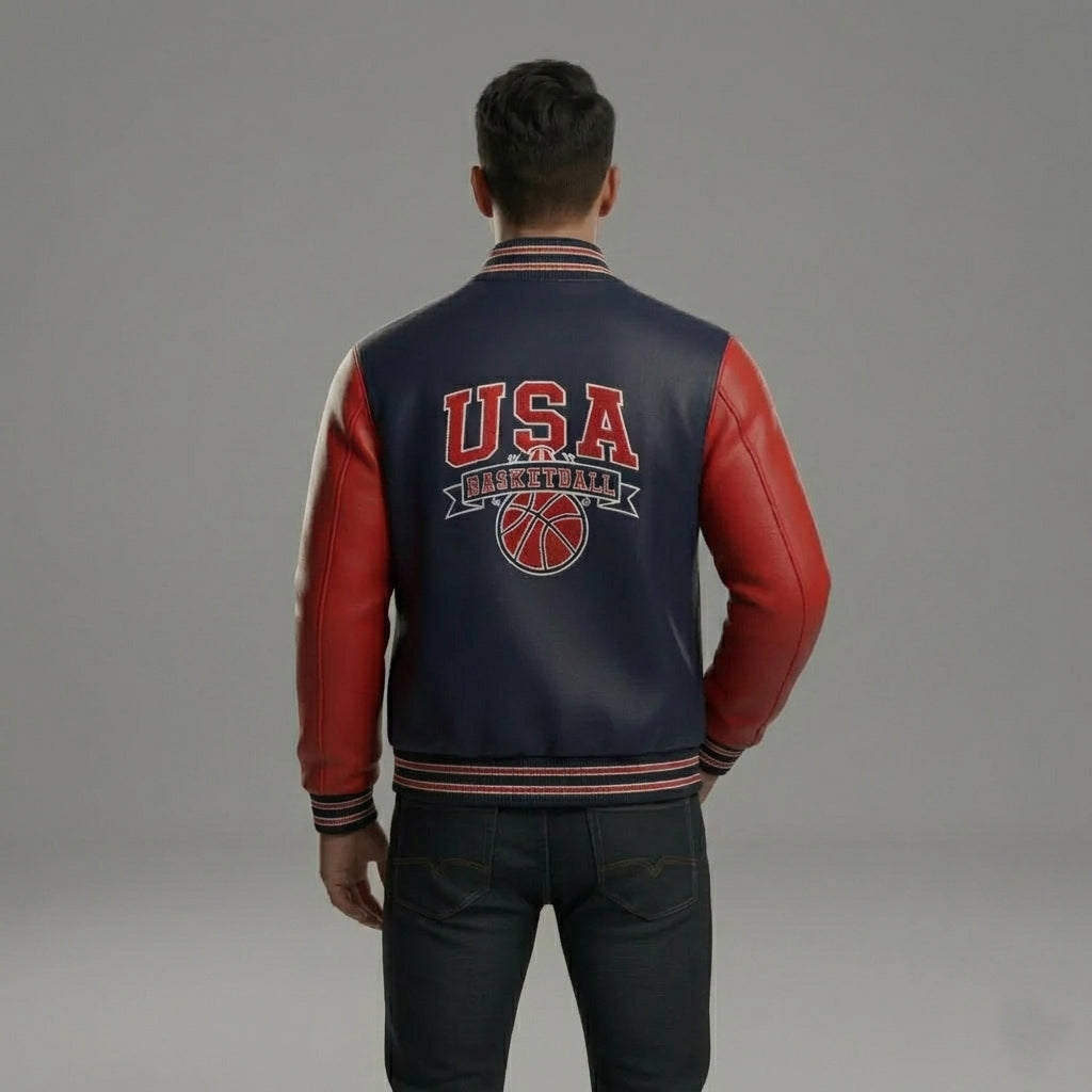 Men’s USA Basketball Leather Varsity Jacket – Navy & Red Bomber