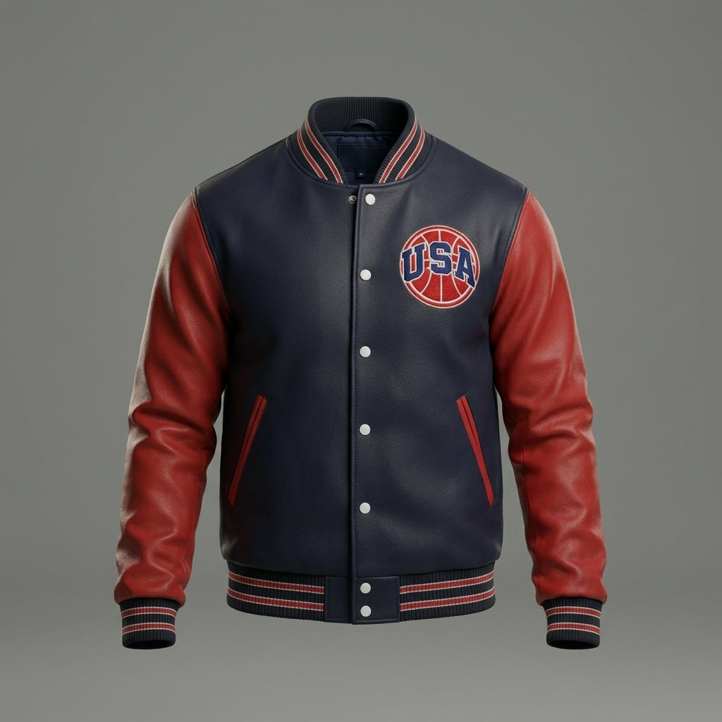 Men’s USA Basketball Leather Varsity Jacket – Navy & Red Bomber