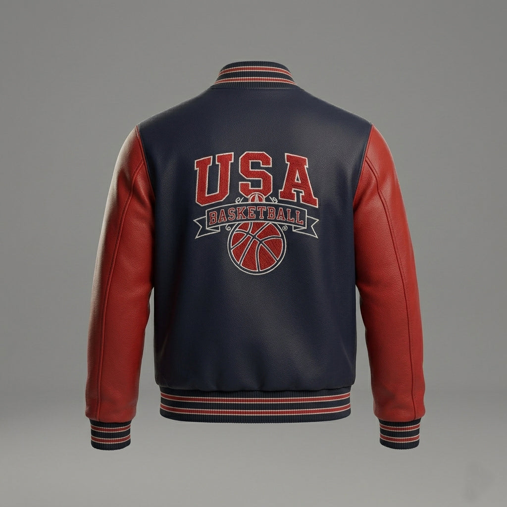 Men’s USA Basketball Leather Varsity Jacket – Navy & Red Bomber