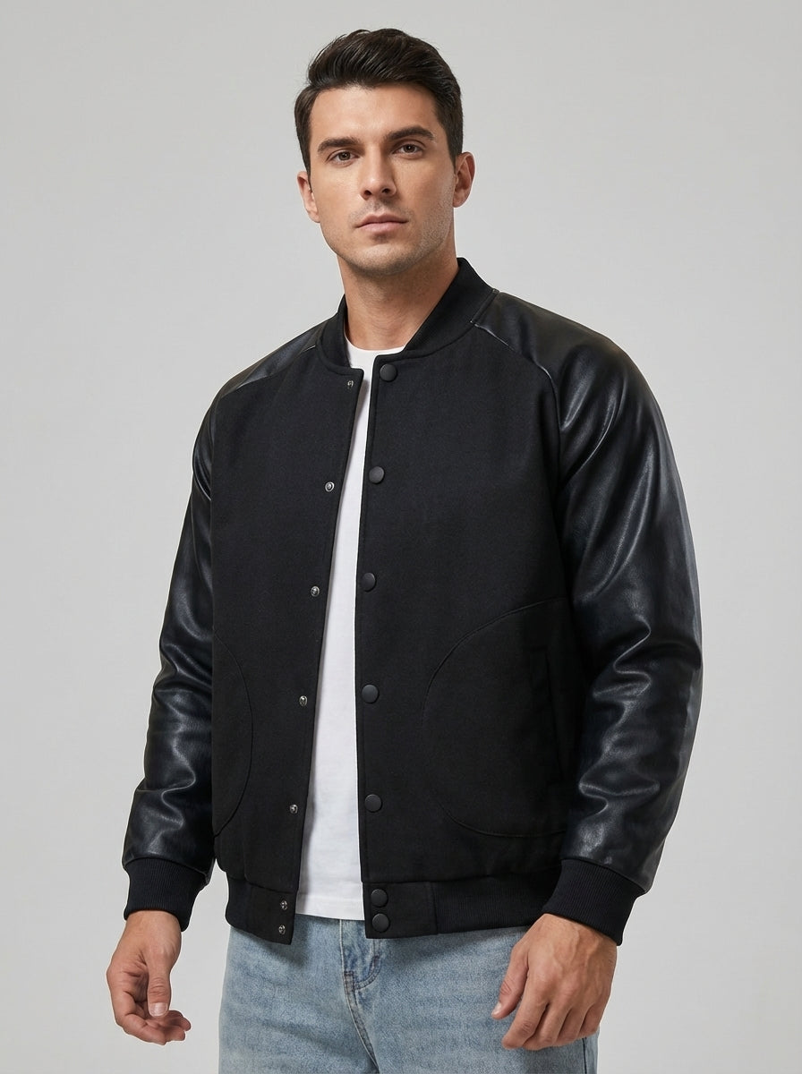 Men’s Varsity Baseball Jacket – Cotton Blend Letterman with Faux Leather Sleeves
