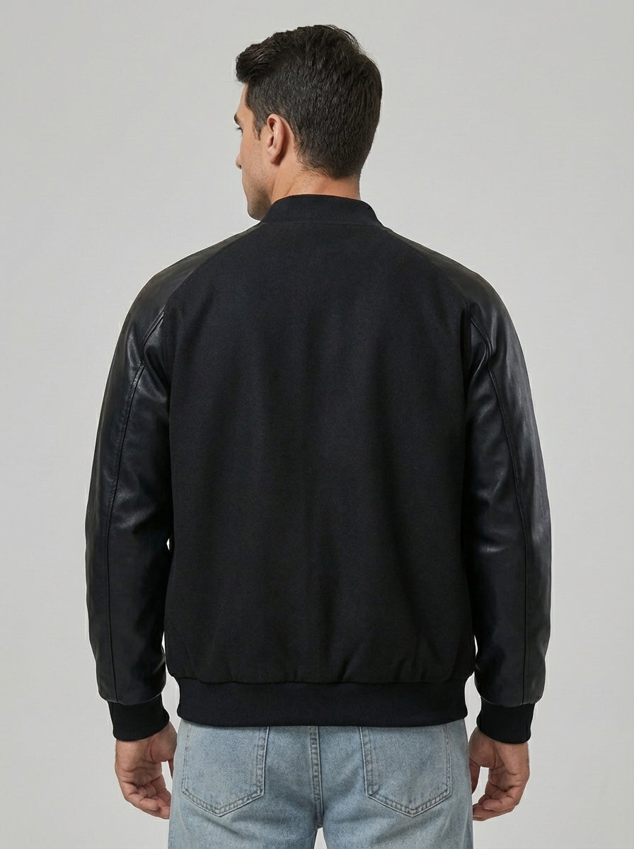 Men’s Varsity Baseball Jacket – Cotton Blend Letterman with Faux Leather Sleeves