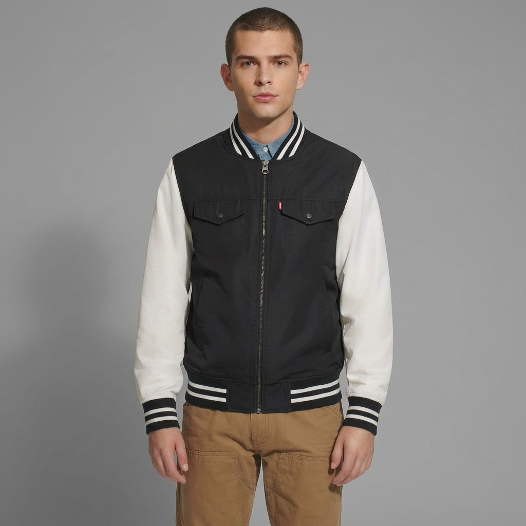 Men’s Wool Blend Varsity Bomber – Black, White jacket