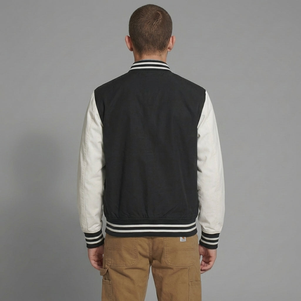 Men’s Wool Blend Varsity Bomber – Black, White jacket