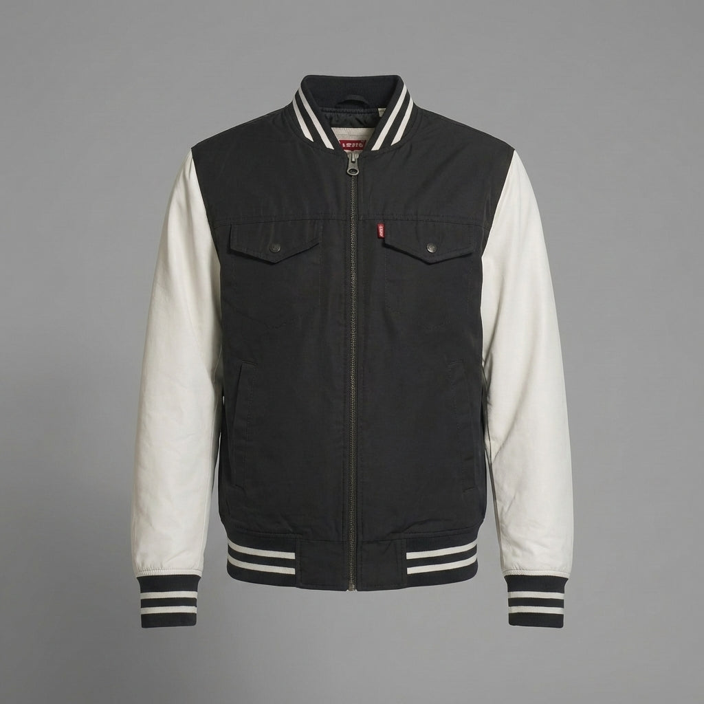 Men’s Wool Blend Varsity Bomber – Black, White jacket