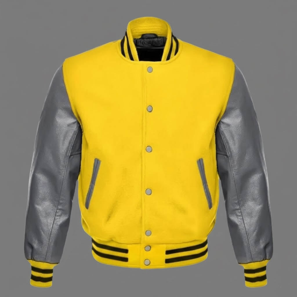 Men’s Yellow Body & Black Leather Sleeves Varsity Jacket