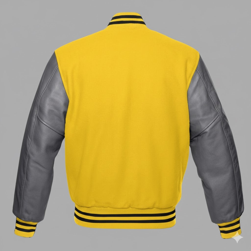 Men’s Yellow Body & Black Leather Sleeves Varsity Jacket