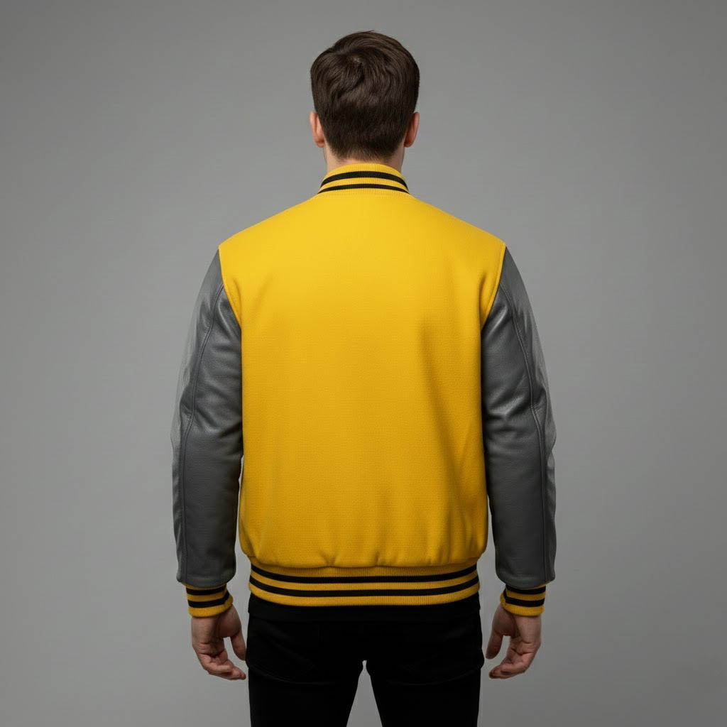 Men’s Yellow Body & Black Leather Sleeves Varsity Jacket