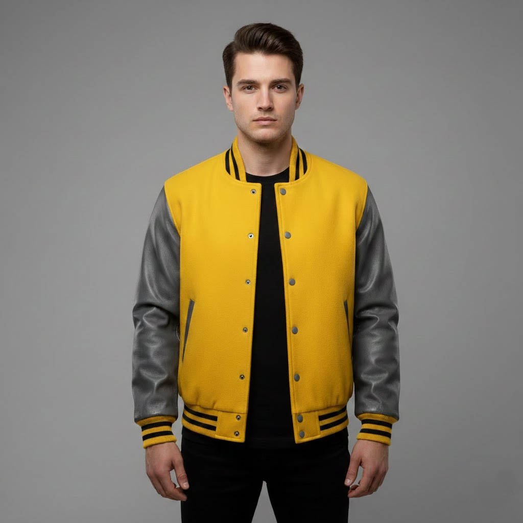 Men’s Yellow Body & Black Leather Sleeves Varsity Jacket