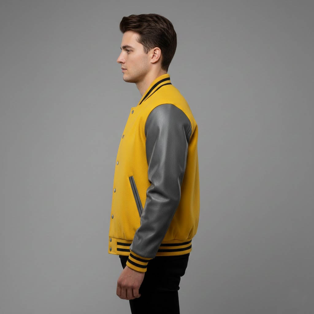Men’s Yellow Body & Black Leather Sleeves Varsity Jacket
