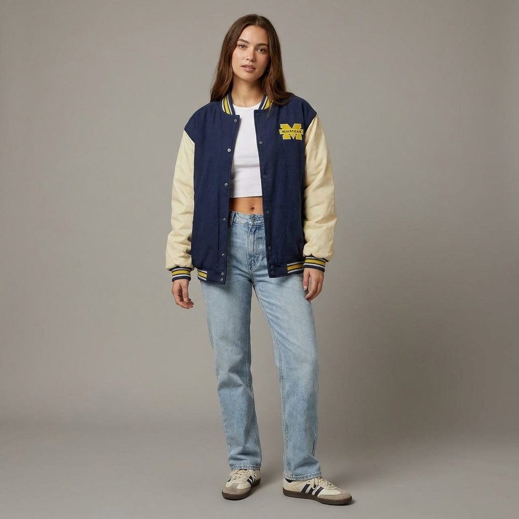 Midnight Blue & Cream Classic Varsity Letterman Jacket