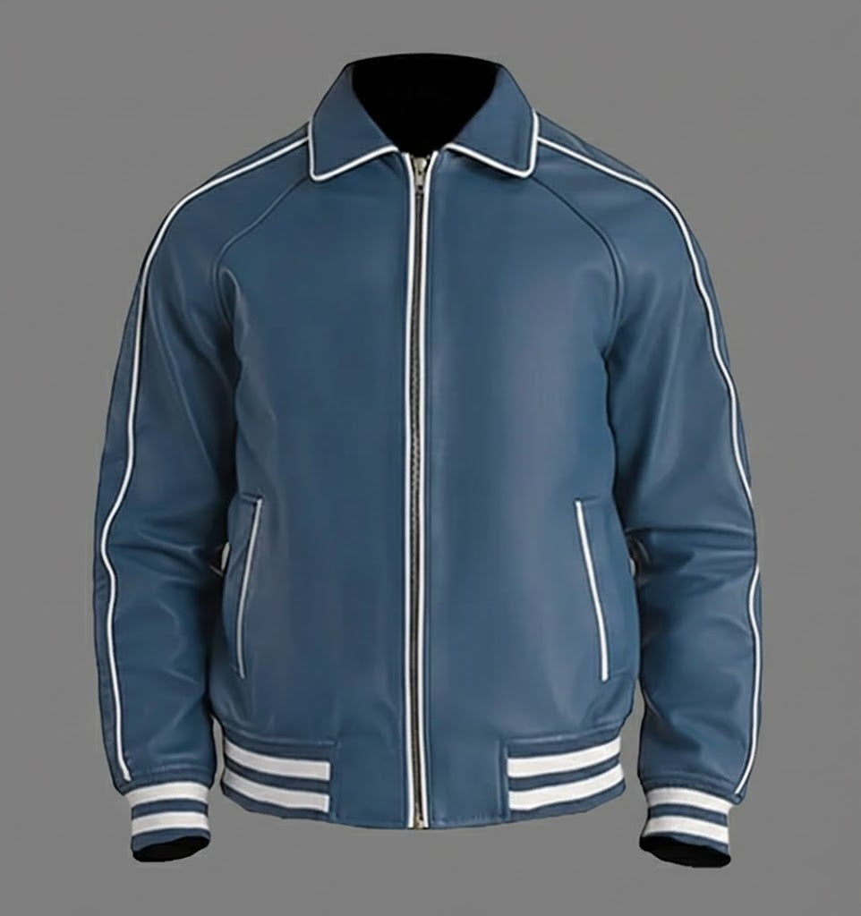 Midnight Blue Leather Varsity Jacket Men