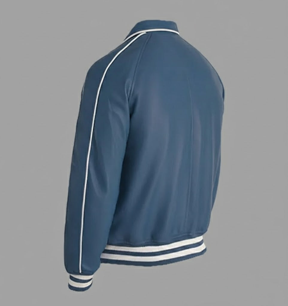 Midnight Blue Leather Varsity Jacket Men