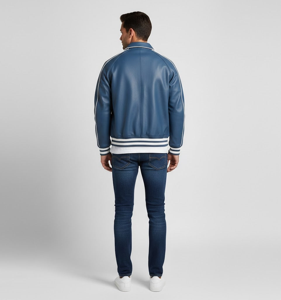 Midnight Blue Leather Varsity Jacket Men