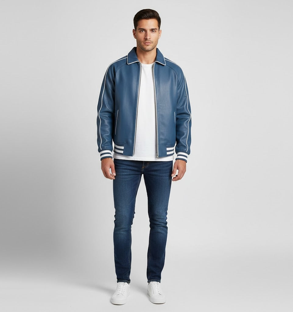 Midnight Blue Leather Varsity Jacket Men
