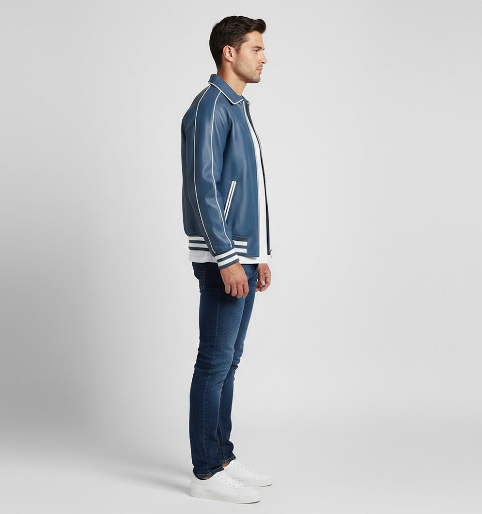 Midnight Blue Leather Varsity Jacket Men