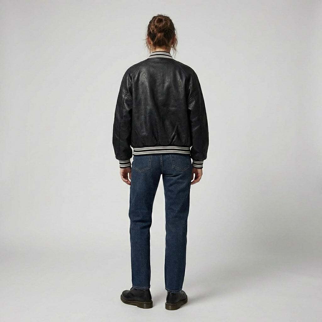 Midnight Crown Black Leather Women’s Varsity Jacket
