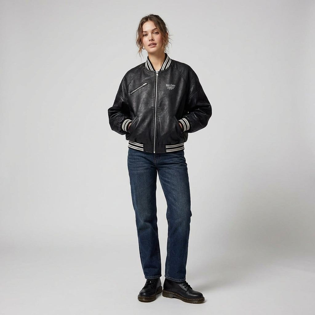Midnight Crown Black Leather Women’s Varsity Jacket