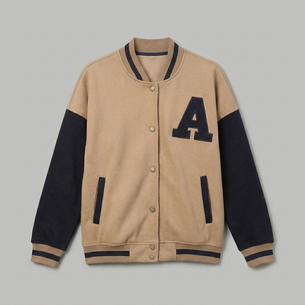 Midnight Duo Black & Beige Winter Varsity Jacket for Women