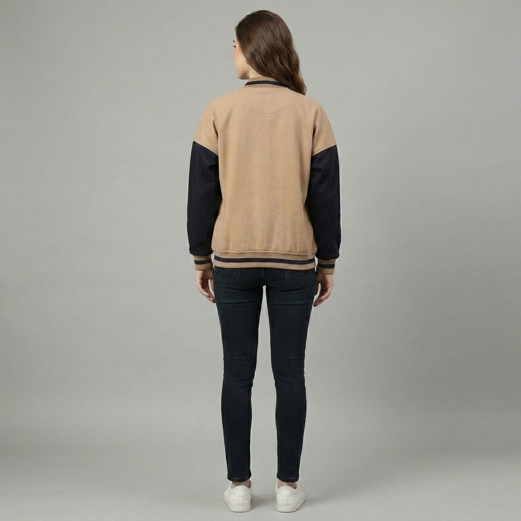 Midnight Duo Black & Beige Winter Varsity Jacket for Women