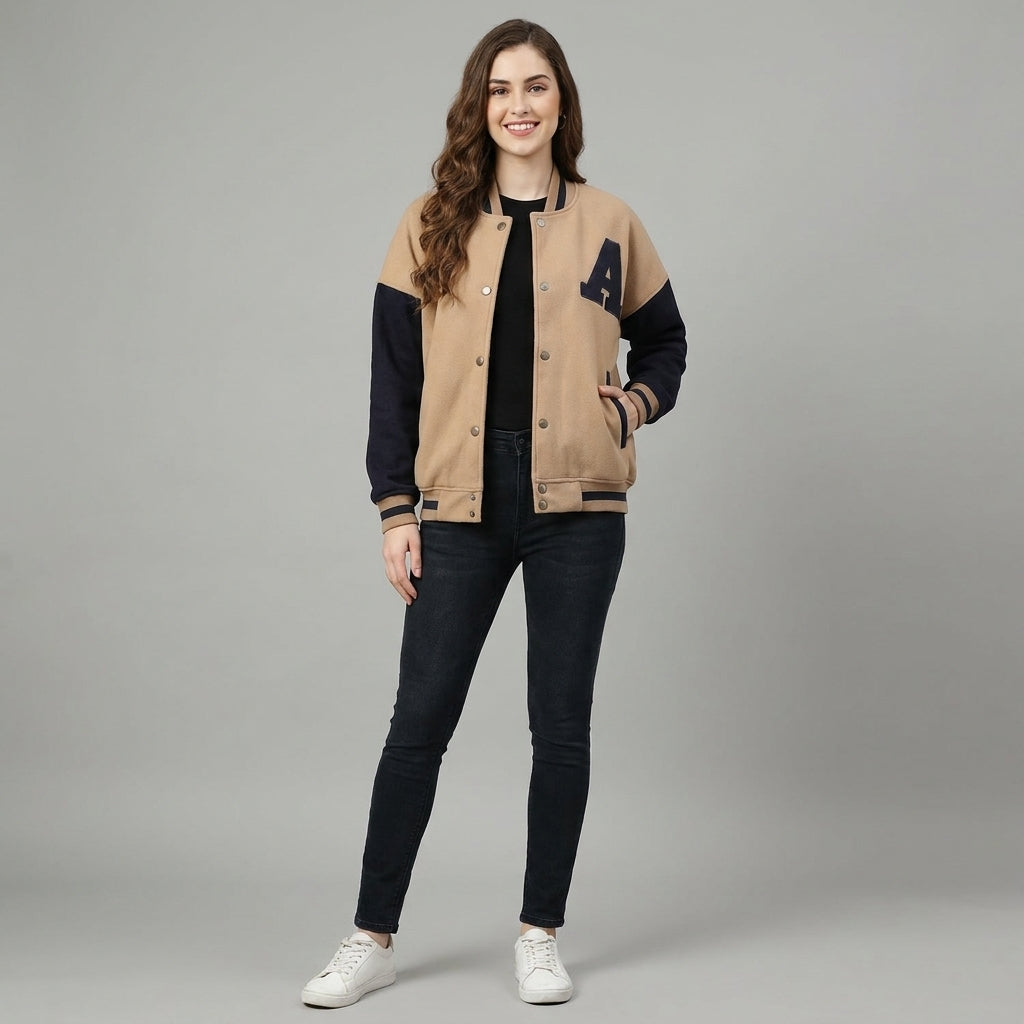 Midnight Duo Black & Beige Winter Varsity Jacket for Women