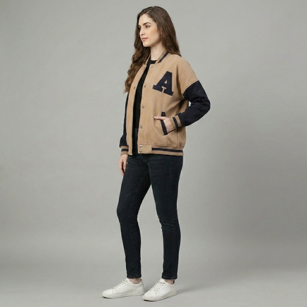 Midnight Duo Black & Beige Winter Varsity Jacket for Women