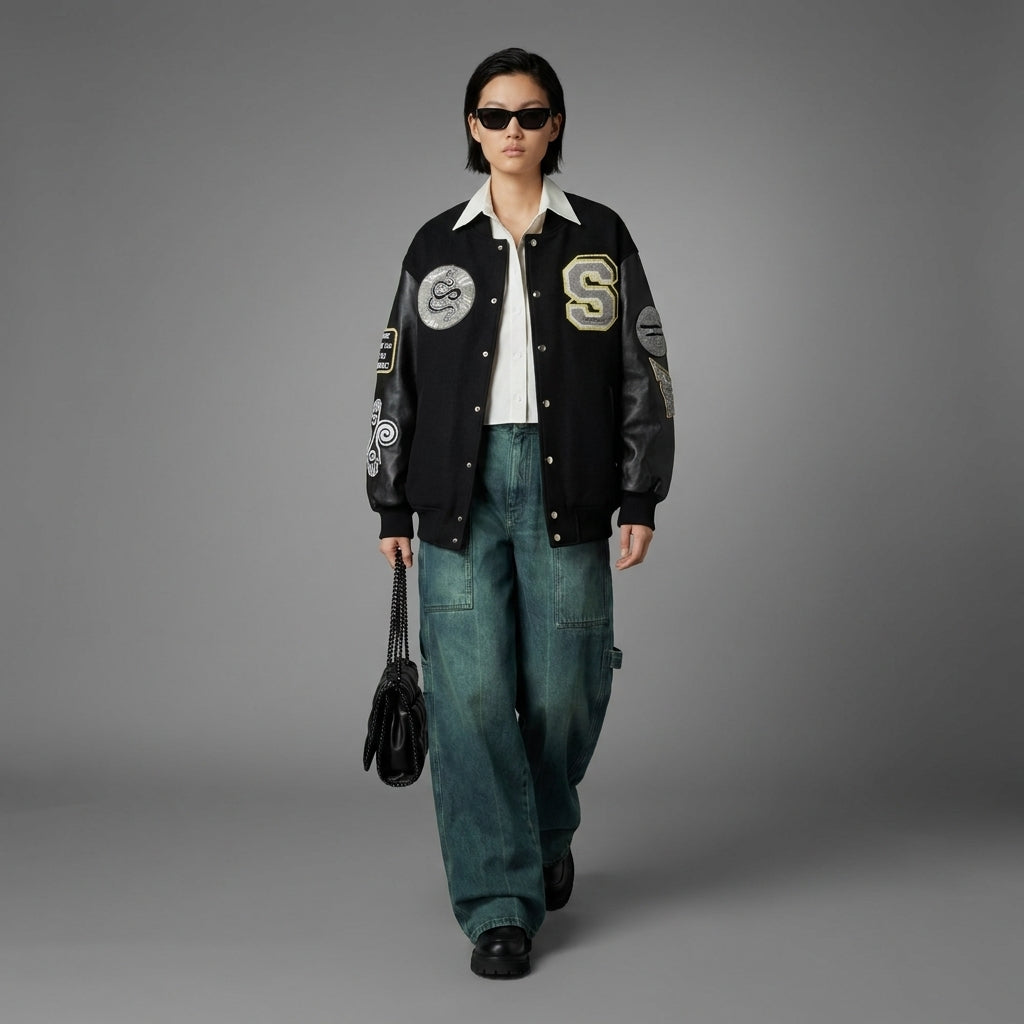 Midnight Edge Bold Black Women’s Varsity Jacket