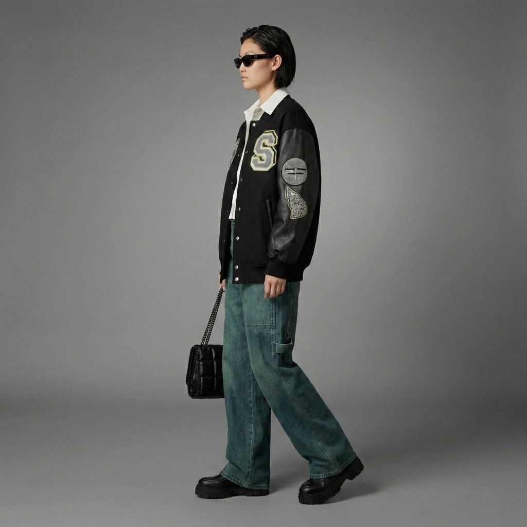 Midnight Edge Bold Black Women’s Varsity Jacket