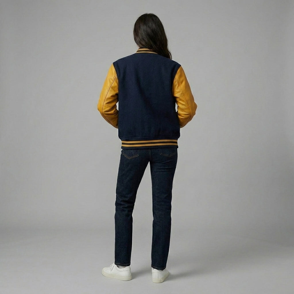 Midnight Navy & Mustard Women’s Varsity Letterman Jacket