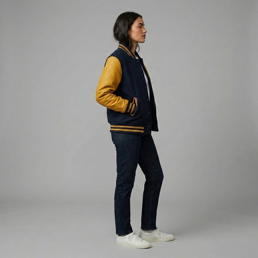 Midnight Navy & Mustard Women’s Varsity Letterman Jacket