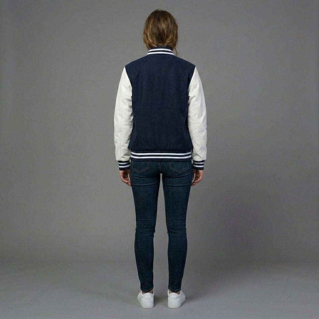 Midnight Navy & White Women’s Varsity Letterman Jacket
