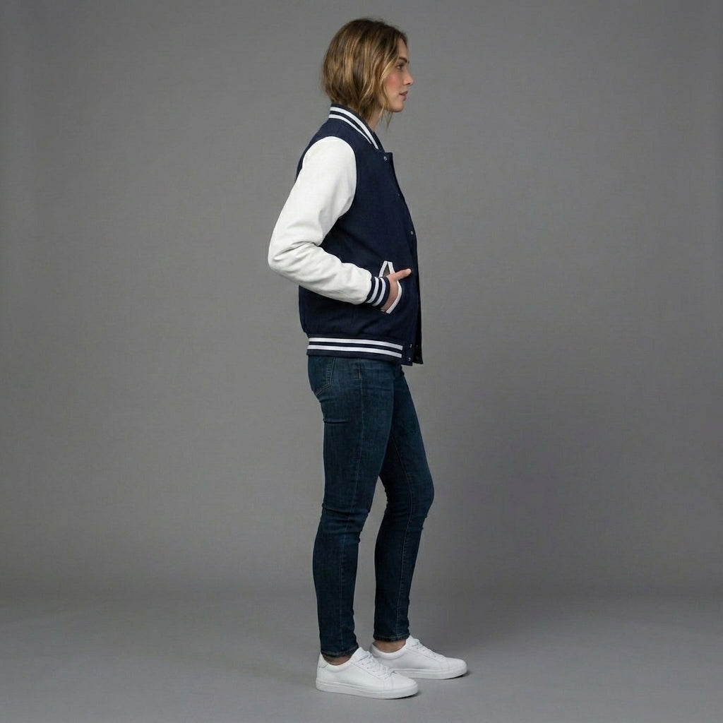 Midnight Navy & White Women’s Varsity Letterman Jacket