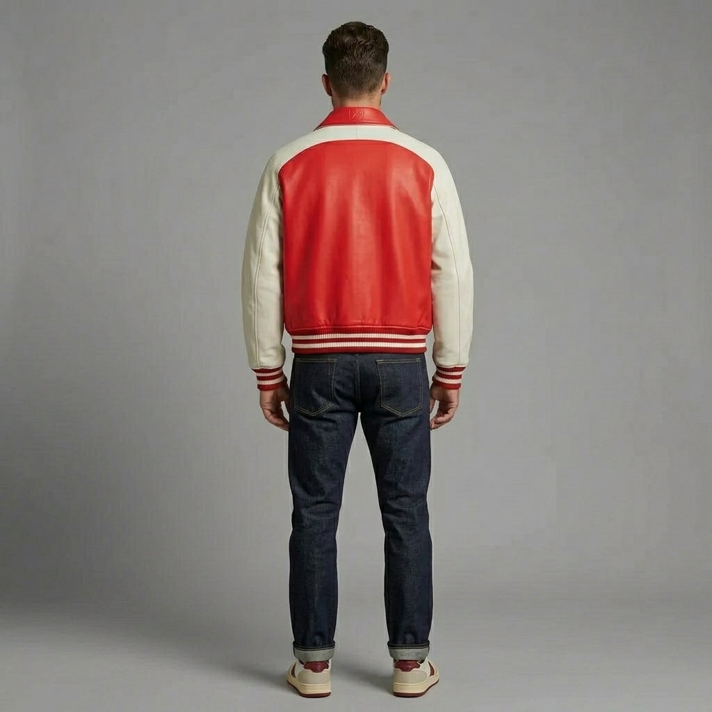 Men’s Luxury Lambskin Leather Varsity Jacket – Red & Cream College Letterman