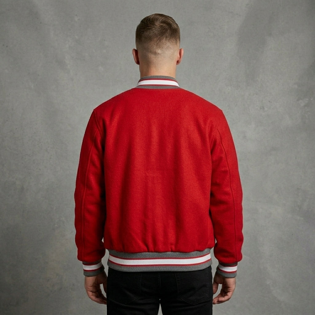Men’s Red Letterman Varsity Jacket – Classic College Bomber Style