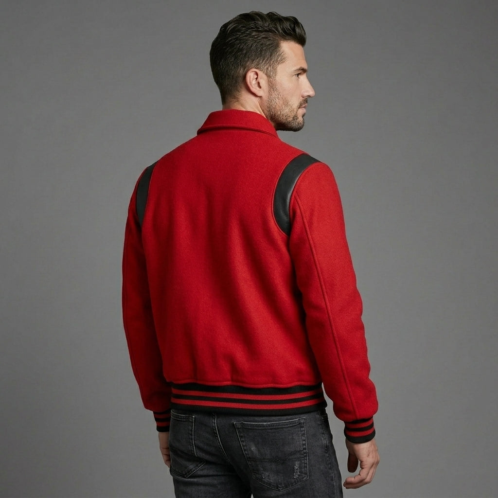 Men’s Red Wool Varsity Jacket – Classic Bomber Letterman Style
