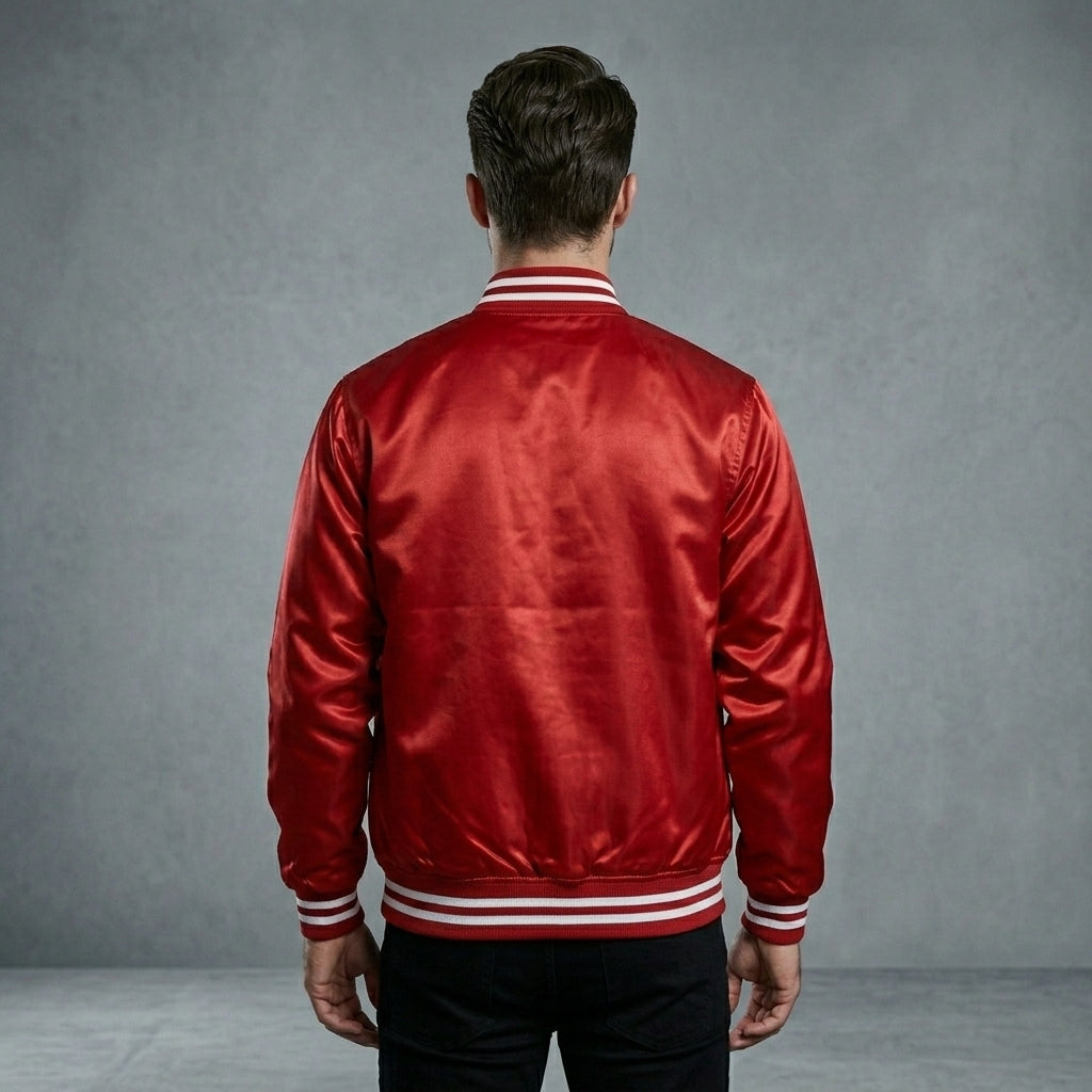 Men’s Premium Red Satin Varsity Jacket – Classic Letterman Bomber Style