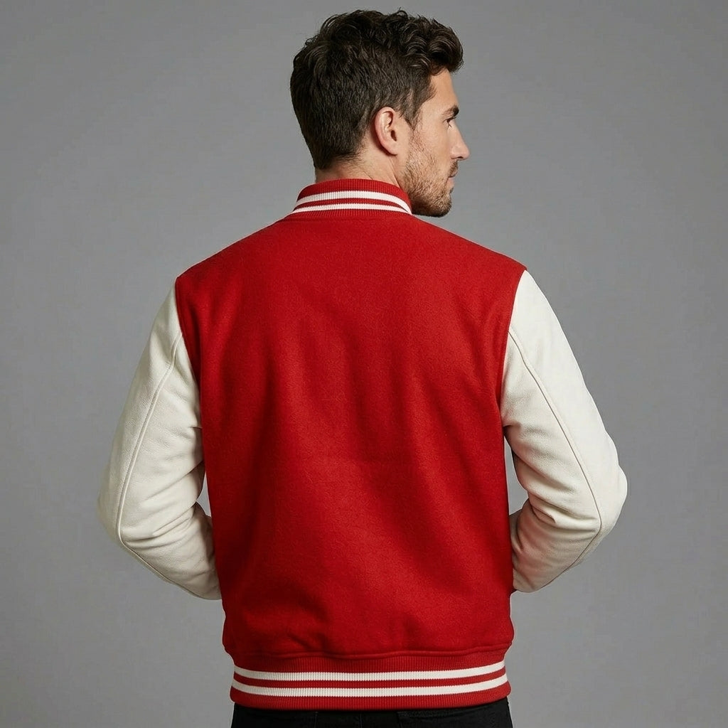 Men’s Red Varsity Letterman Jacket – Embroidered Wool Body with Leather Sleeves