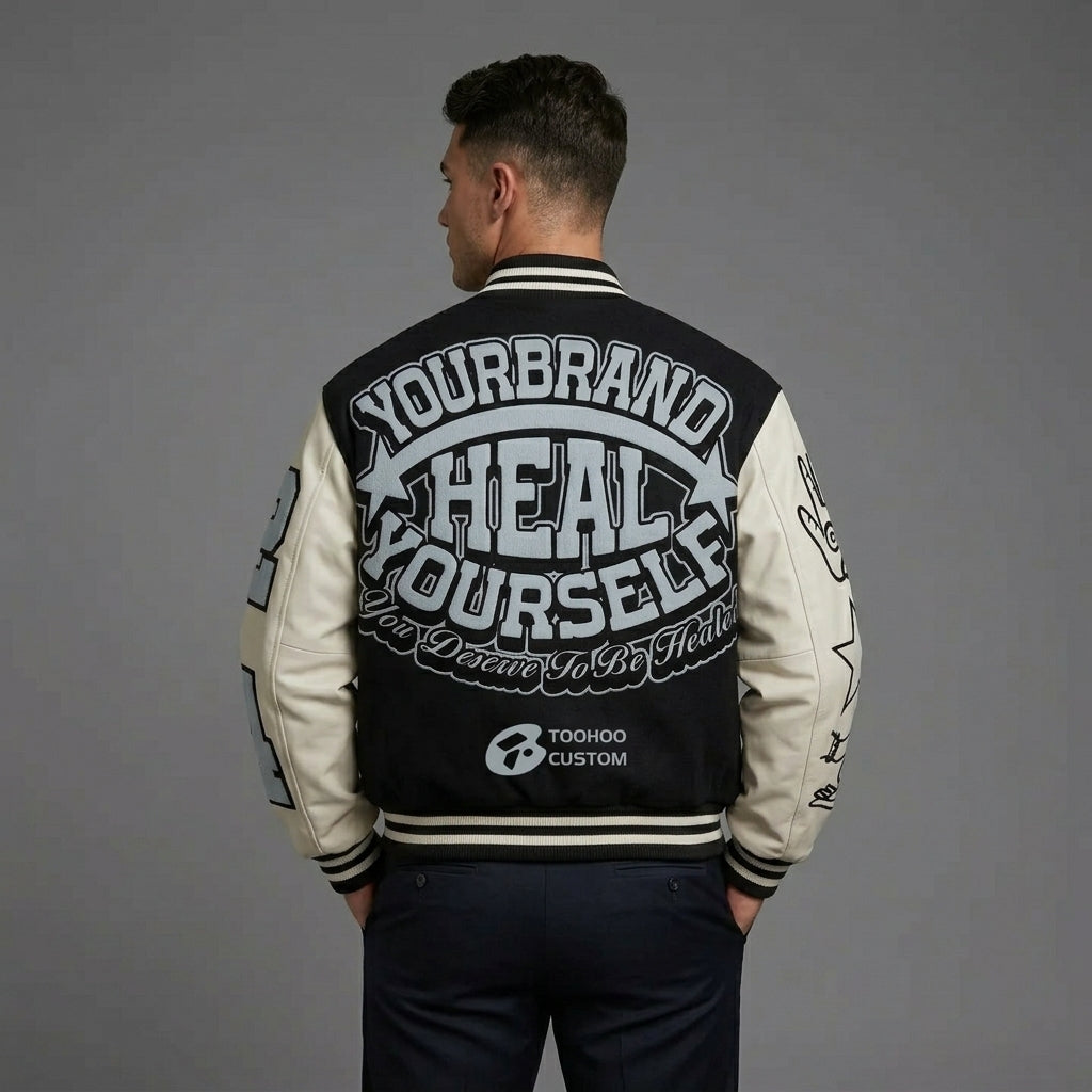 Men’s American Chenille Embroidery Patch Varsity Jacket – Vintage Cropped Baseball Style