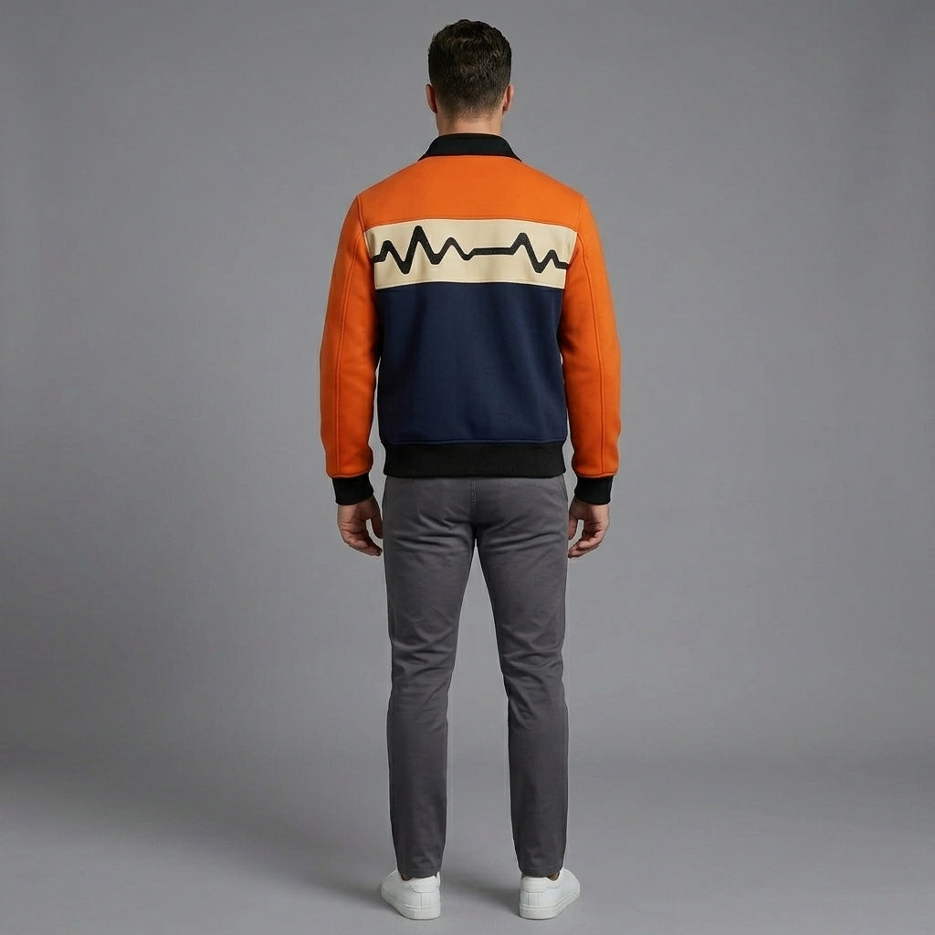 Men’s Navy Blue & Orange Varsity Jacket – Retro MAX Logo Leather Style