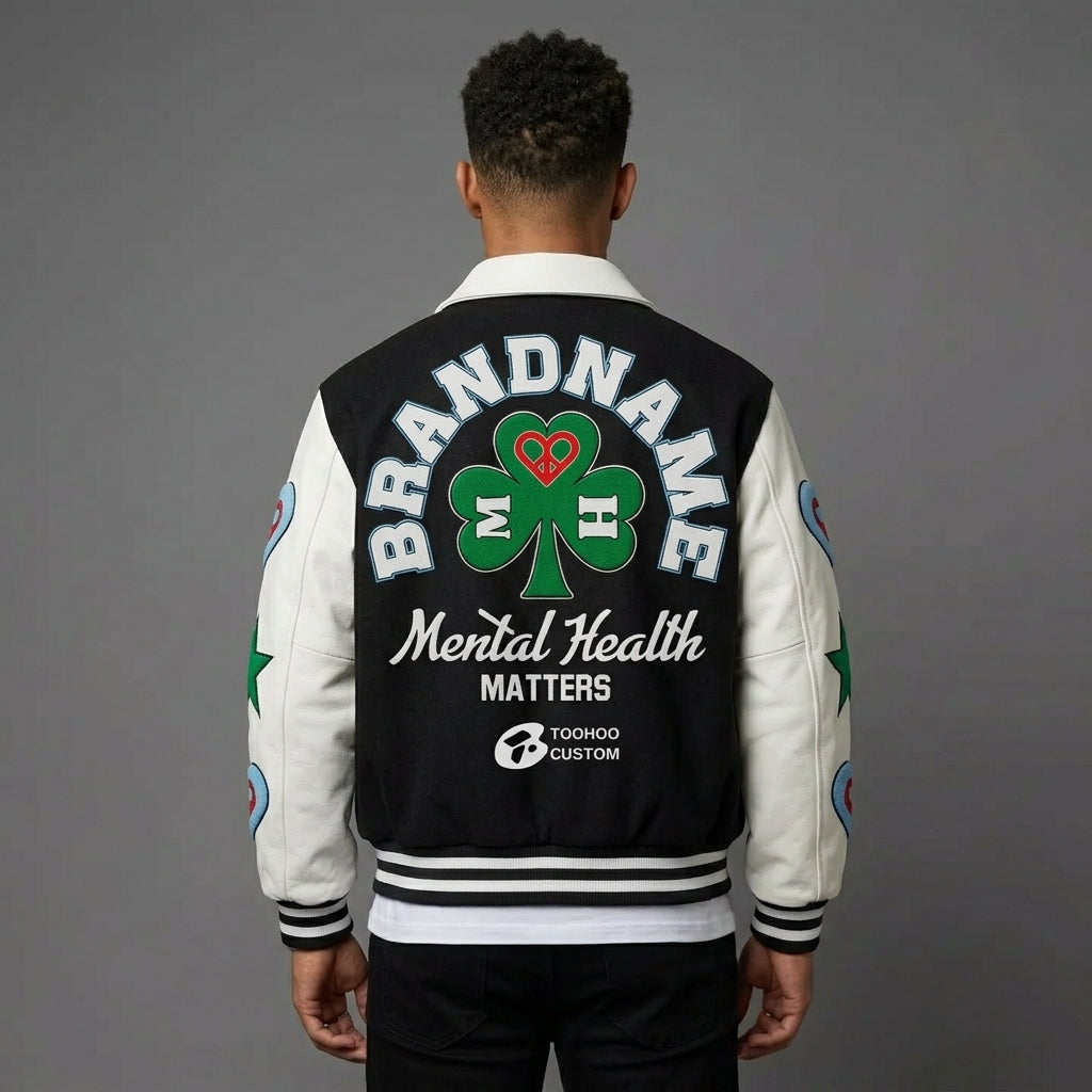 Men’s Black & White Varsity Jacket – Retro Patchwork Leather Style