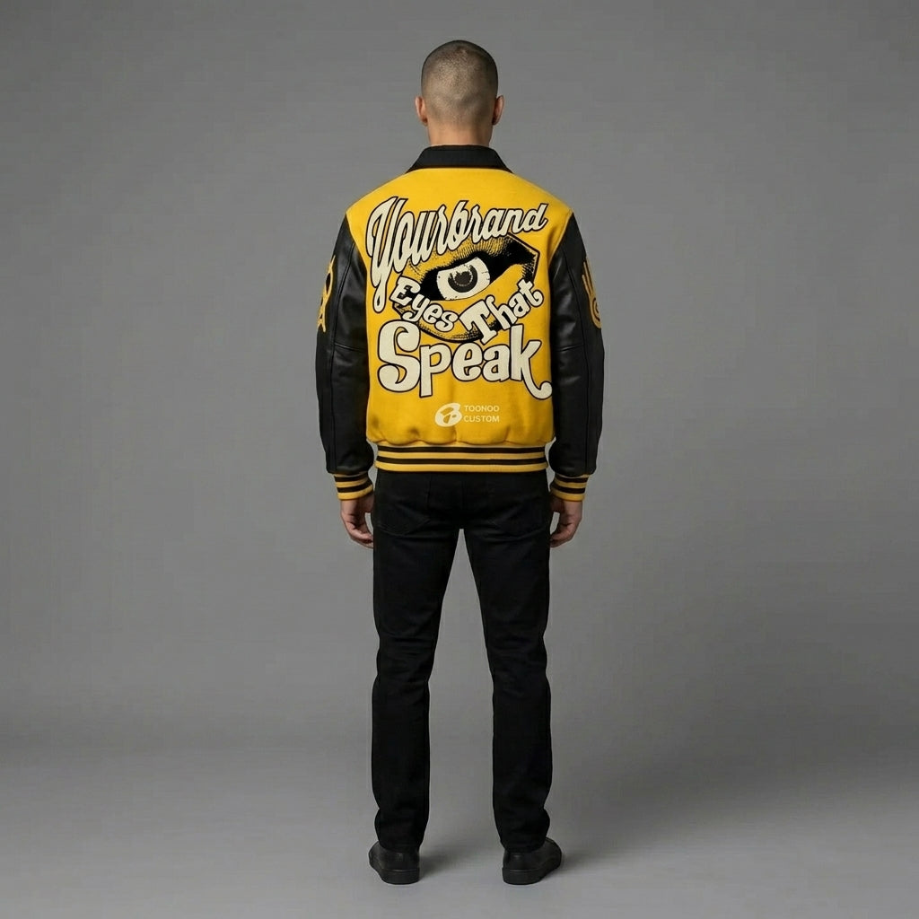 Men’s Yellow & Black Varsity Jacket – Retro Patchwork Leather Letterman