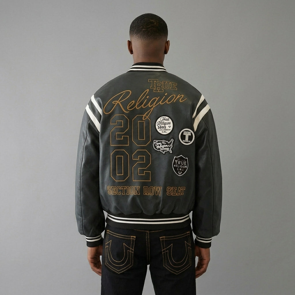 Men’s Black Retro Varsity Jacket – Patchwork Letterman Style