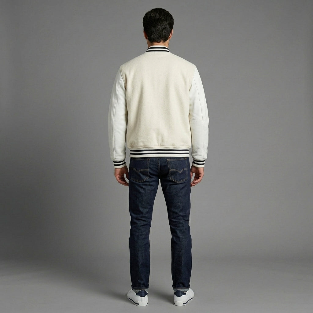 Men’s White Wool Varsity Jacket – Vintage Letterman with Leather Sleeves