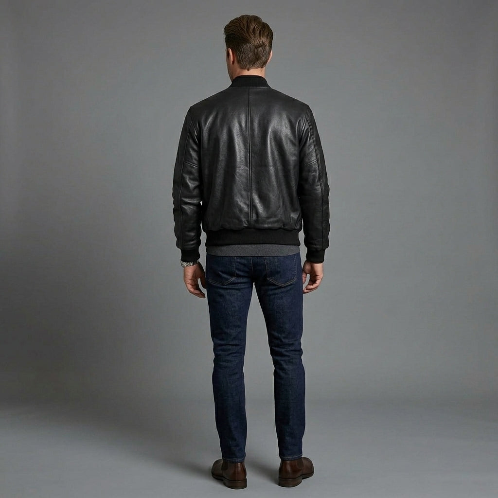 Men’s Genuine Cowhide Leather Varsity Jacket – Black Slim Fit Streetwear Style