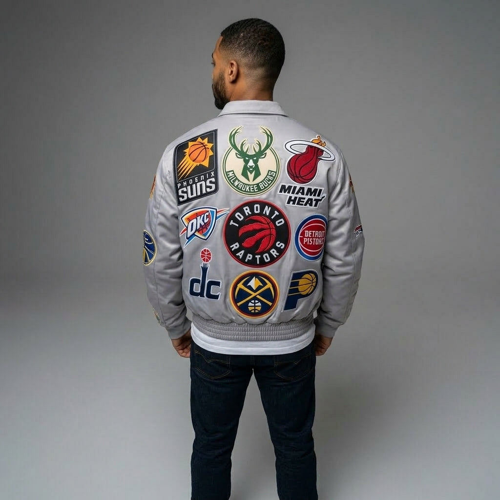 Leather Varsity Jacket – Embroidered Logo Bomber Coat