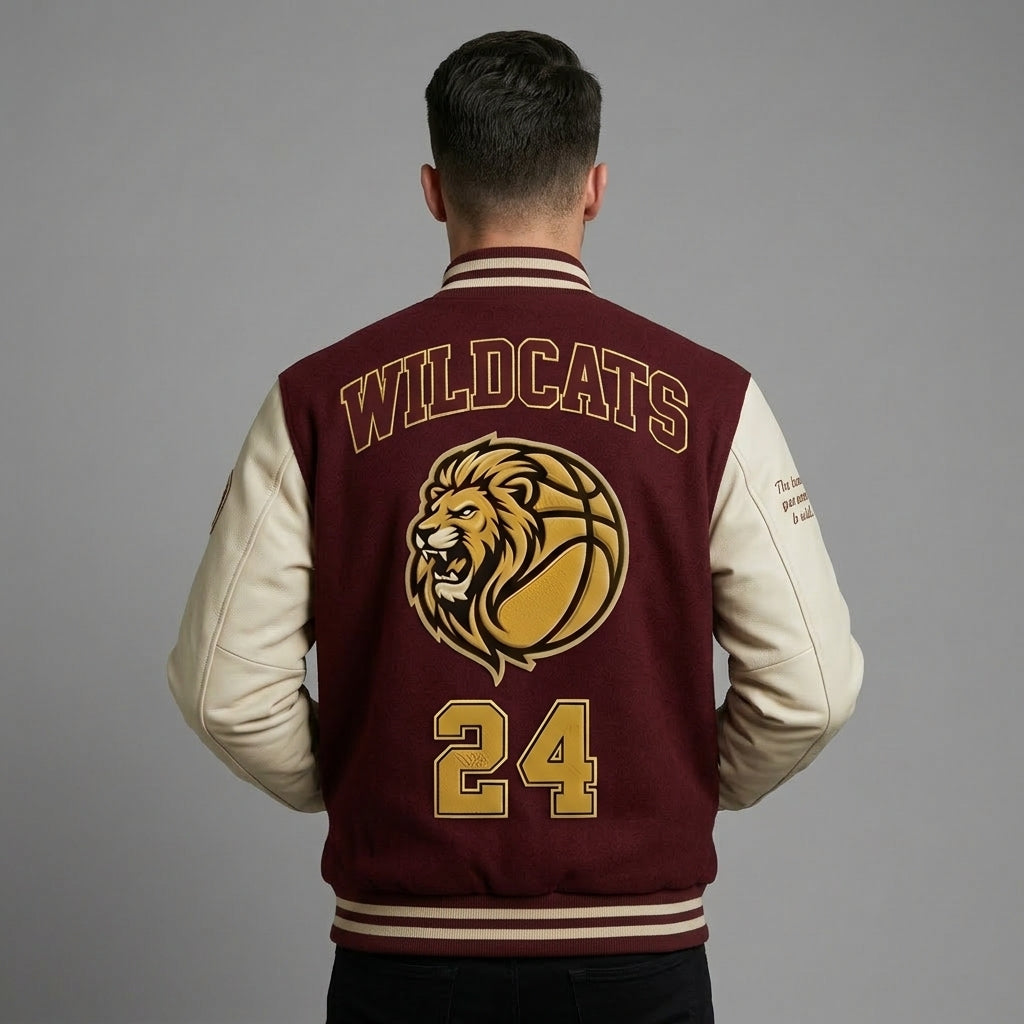 Men’s Maroon & White Letterman Jacket – Classic Varsity Bomber