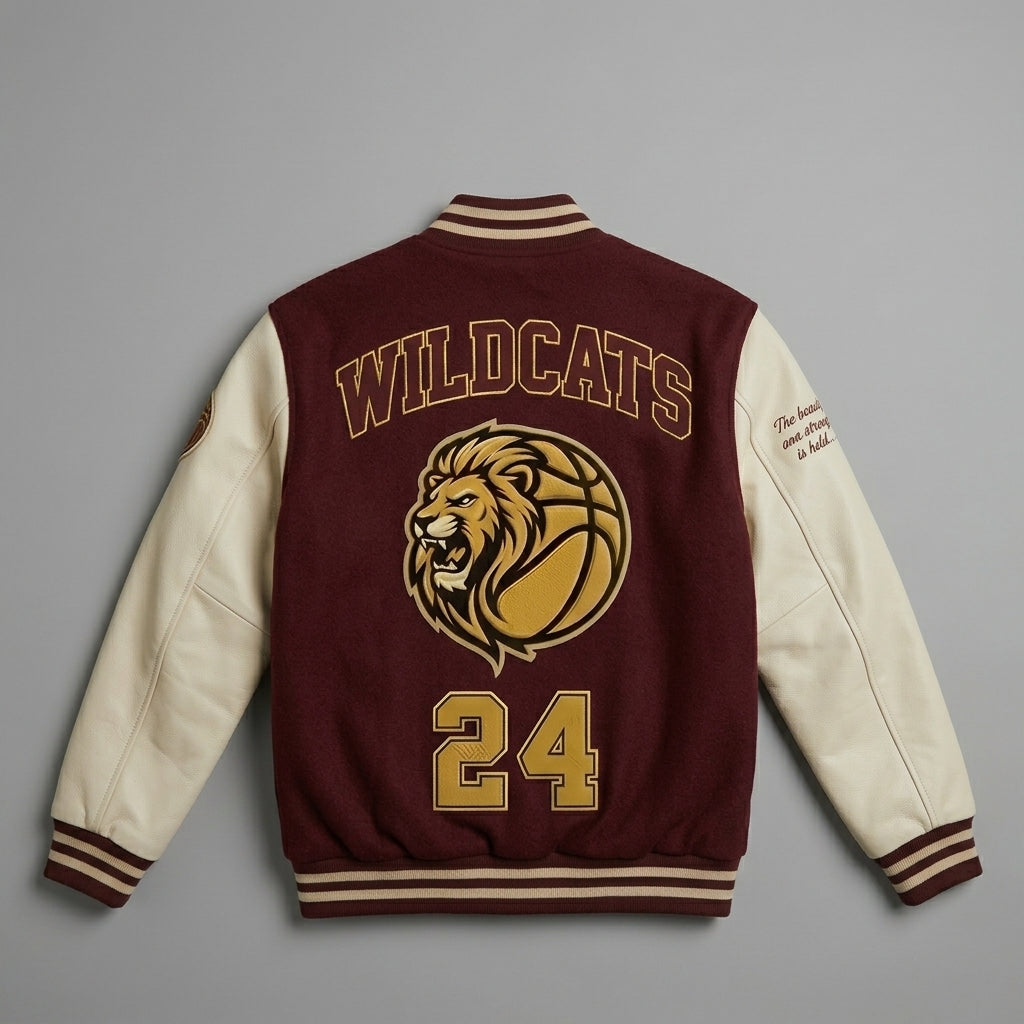Men’s Maroon & White Letterman Jacket – Classic Varsity Bomber