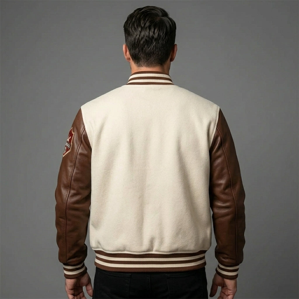 Men’s Cream Varsity Jacket – Wool & Leather Baseball Letterman