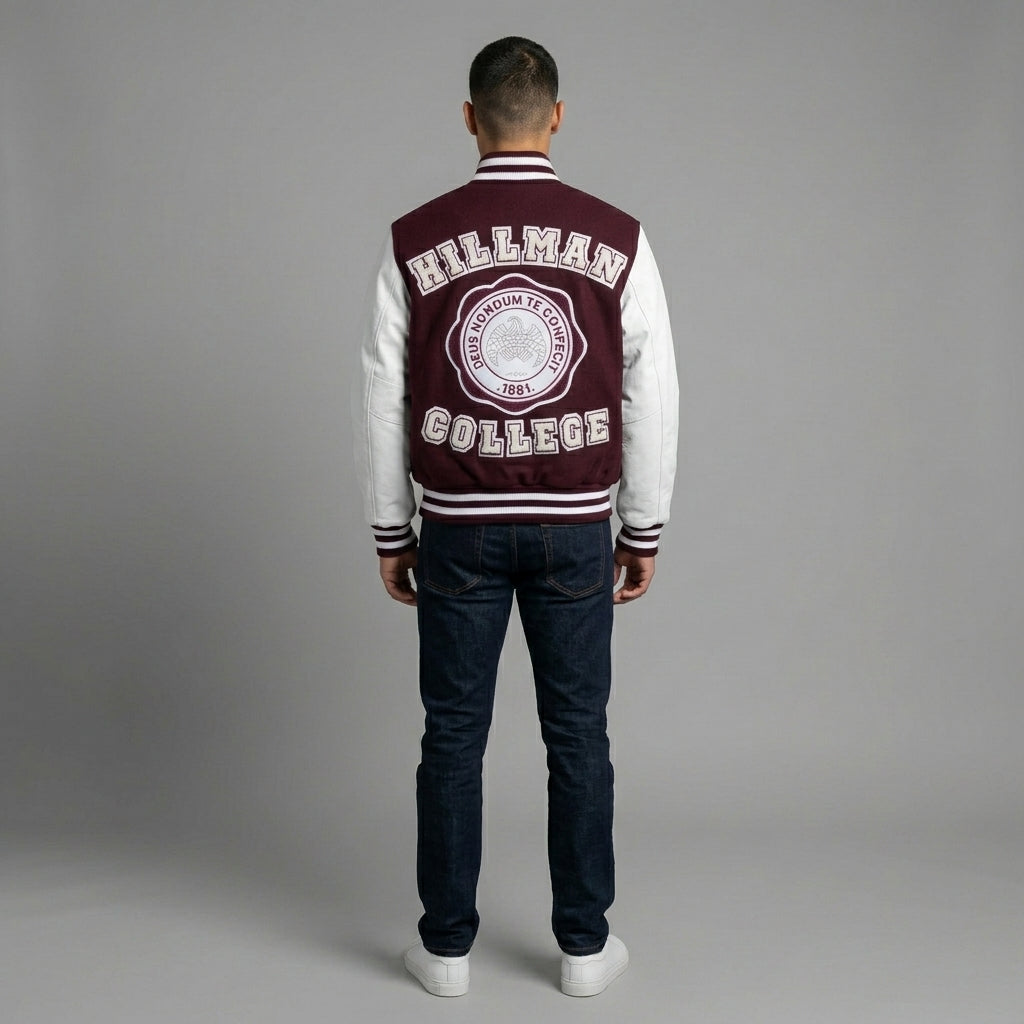 Men’s Custom College Letterman Jacket – Maroon & White Varsity